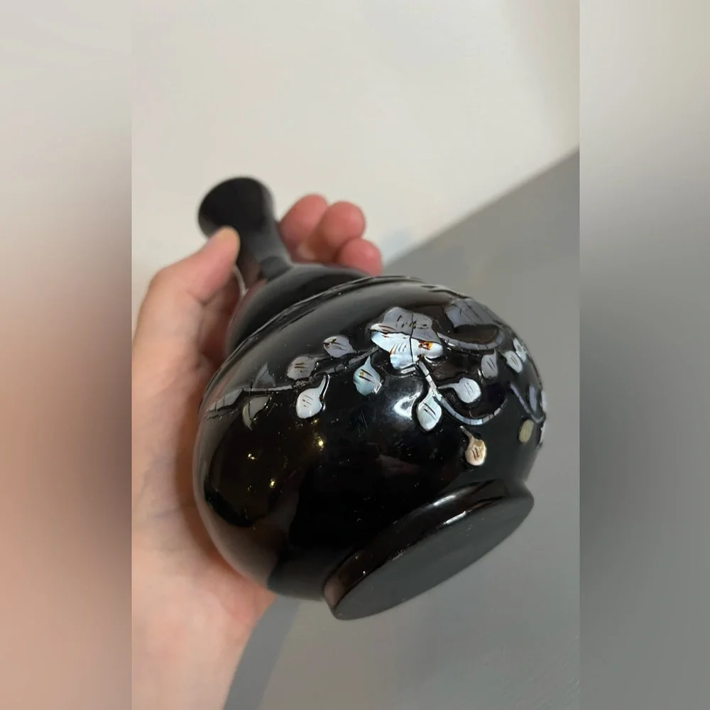 Vintage Orient Express Black Plastic Mother Of Pearl Vase Korea Floral BirdMotif